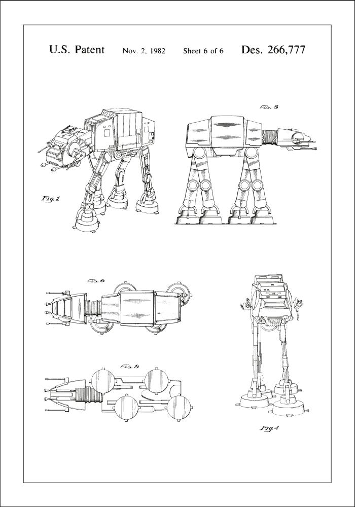 Patentový výkres - Star Wars - Walker - Bílá Plakát