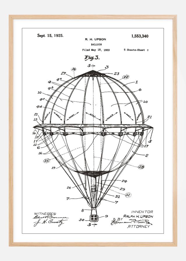 Patentový výkres - Horkovzdušný balón - Bílá Plakát