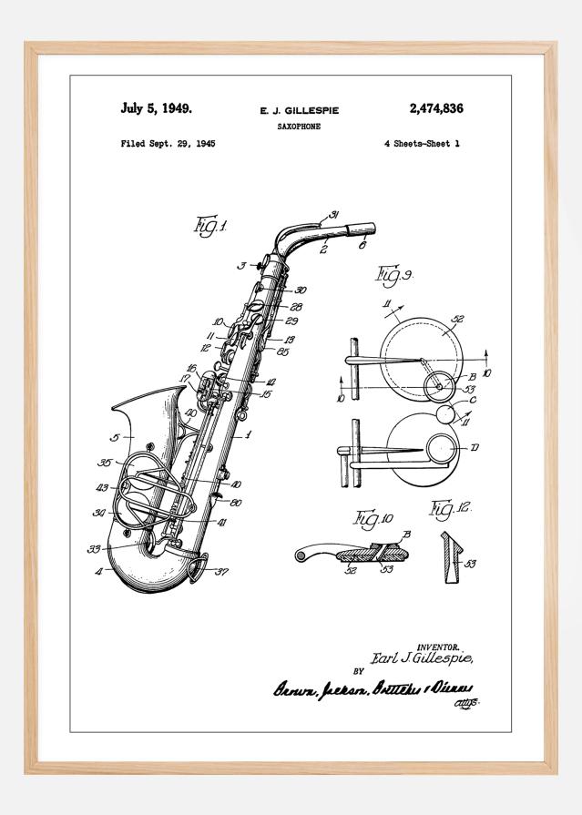 Patent Print - Saxophone - White Plakát