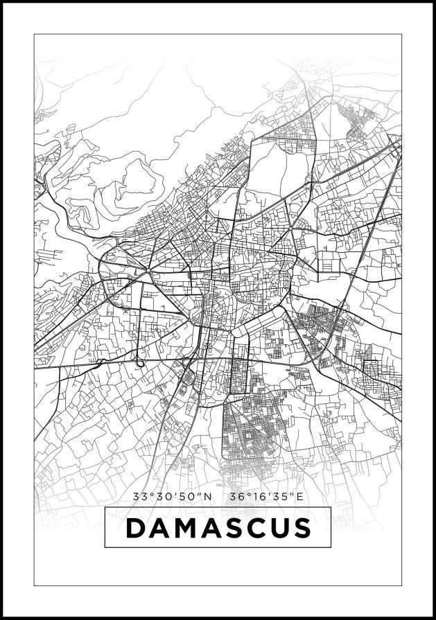 Mapa - Damascus - Bílá Plakát