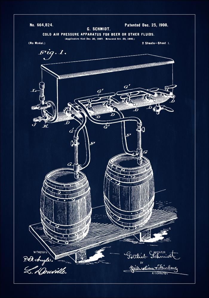 Patent Print - Beer Kegs - Blue Plakát