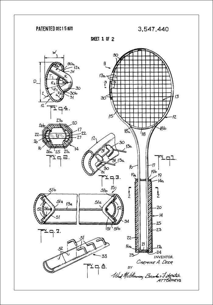 Patent Print - Tennis Racket - White Plakát