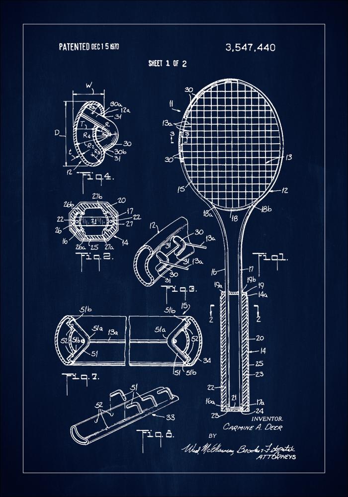 Patent Print - Tennis Racket - Blue Plakát