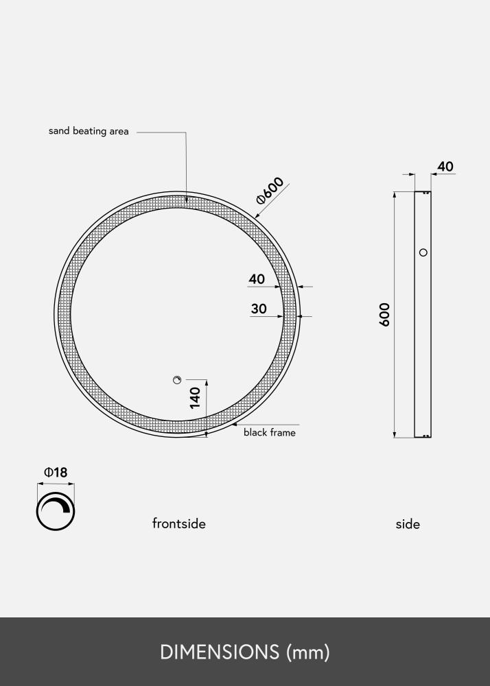 KAILA Zrcadlo Cerná LED 60 cm Ø