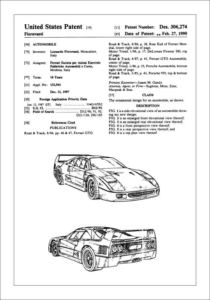 Patentový výkres - Ferrari F40 v Plakát