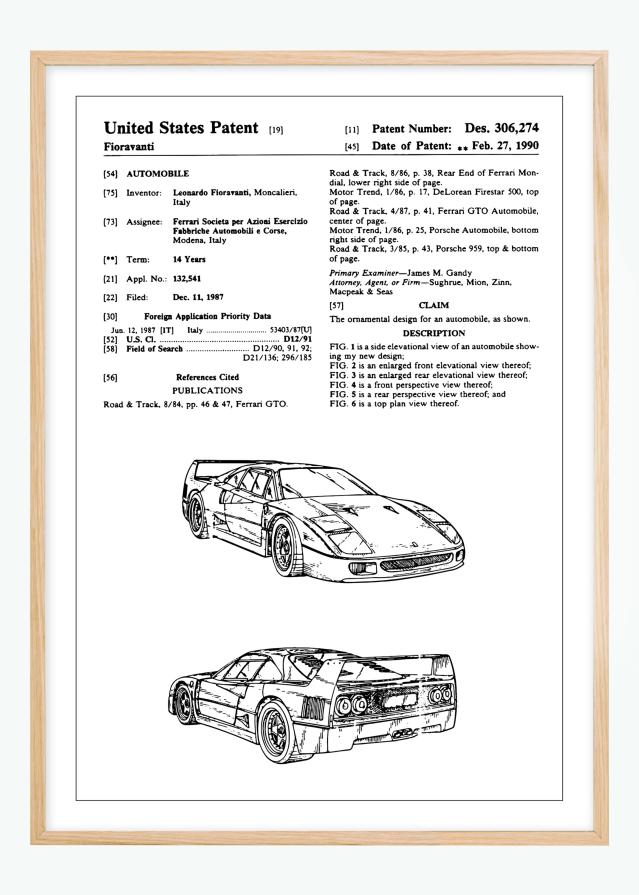 Patentový výkres - Ferrari F40 v Plakát