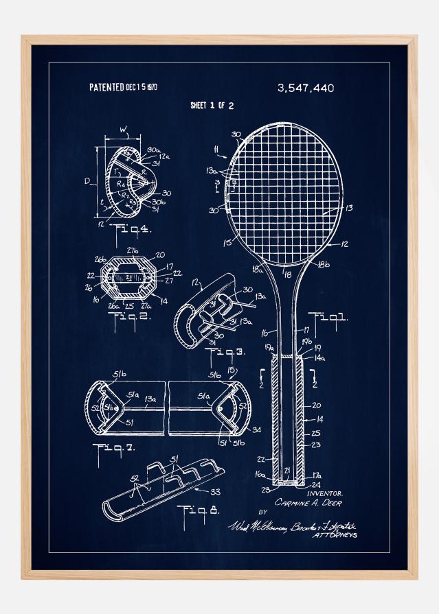 Patent Print - Tennis Racket - Blue Plakát